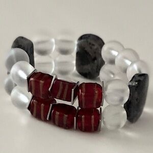 Jasper, Red Glass and Frosted Bead Stretch Bracelet